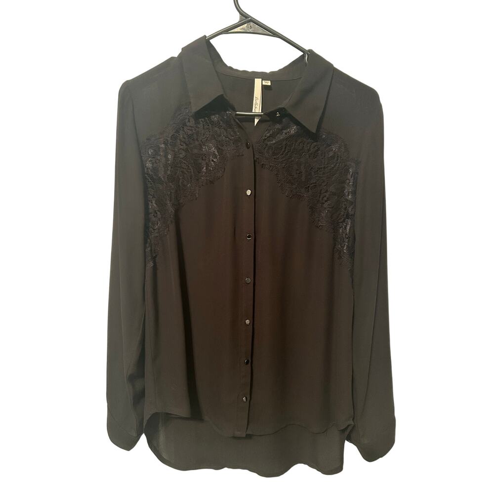 Bellatrix Black Semi Sheer Lace Accent Button Down Blouse Medium